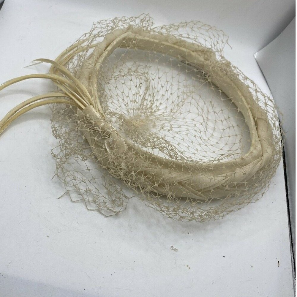 Vintage 60's Cream Hat  Netting Feathers union made Women's Hat